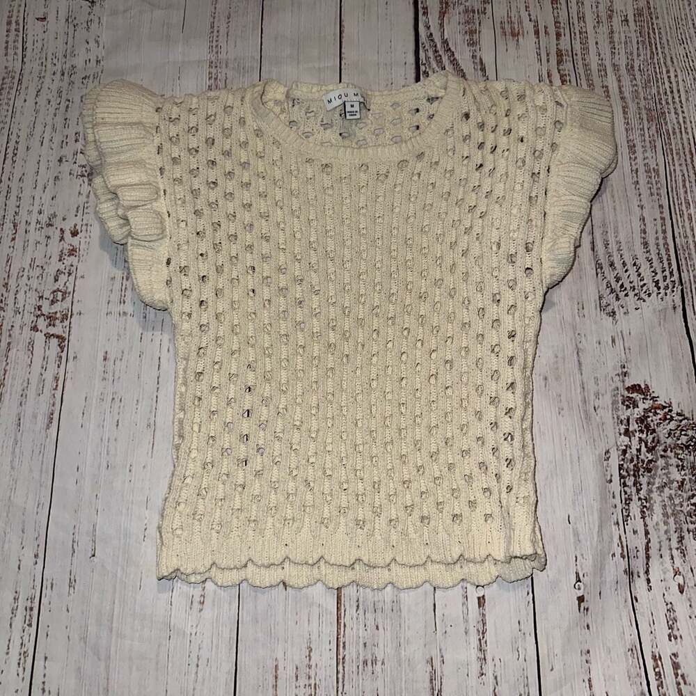 Miou Muse Y2K Cream Open Knit Ruffle Sleeve Sweater Top Cottagecore Boho-M